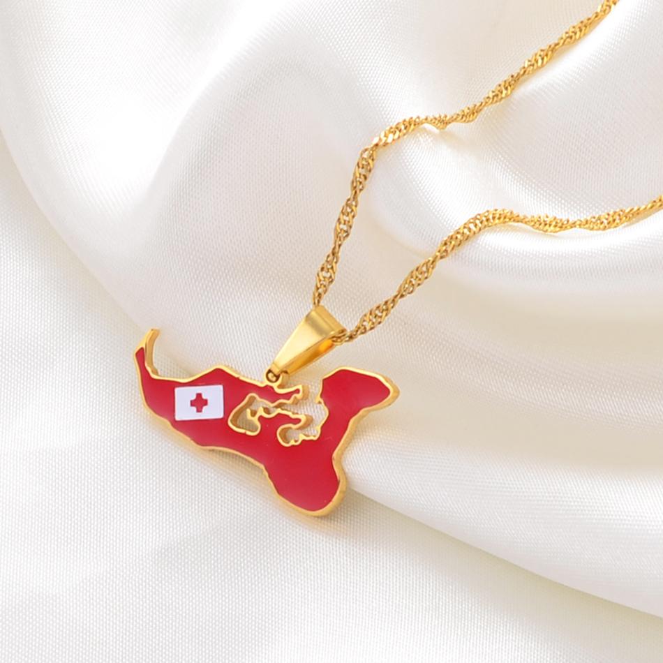 Anniyo Tonga Map & Flag Pendant Necklaces Stainless Steel and Gold Color Tongan Ethnic Jewelry #155021