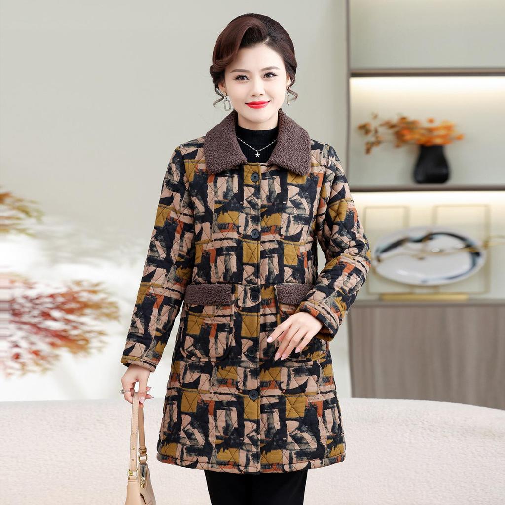 Autumn/Winter 2025 Mid-Length Plus Velvet Cotton Jacket for Stylish Middle-Aged and Elderly Women