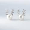 Huitan Christmas Elk Stud Earrings Lady Silver Color Simulated Pearl Ear Nail Accessories Simple Graceful  for Teen Girls