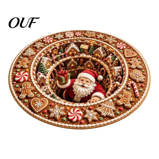 Christmas Party Supplies 3D Round Rug, Optical Illusion Area Santa Claus Deep Hole Floor Mat Prints, Non-slip Welcome Rug for Entrance Living