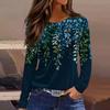 Women's Fashion Casual Slit Hem Round Neck Long Sleeve Loose Printed T-Shirt Ladies Top Christmas