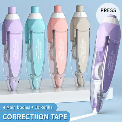 Fillable, Retractable, Quick-drying White Correction Tape, 4 Pieces of Cute Macron Correction Tape with 10 Additional Refills, Easy To Use