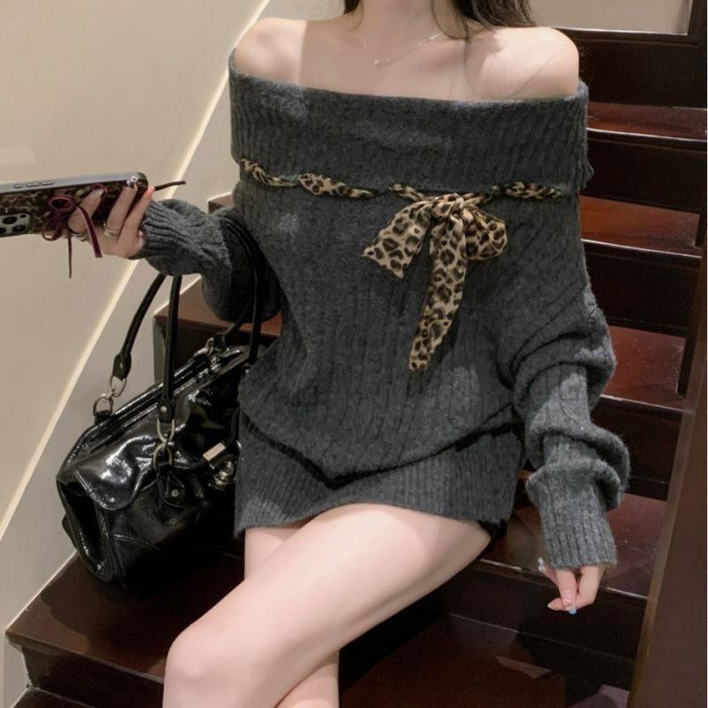 Korean Leopard Print Off-Shoulder Lace-Up Sweater - Women's Slim Fit Autumn/Winter Knitwear