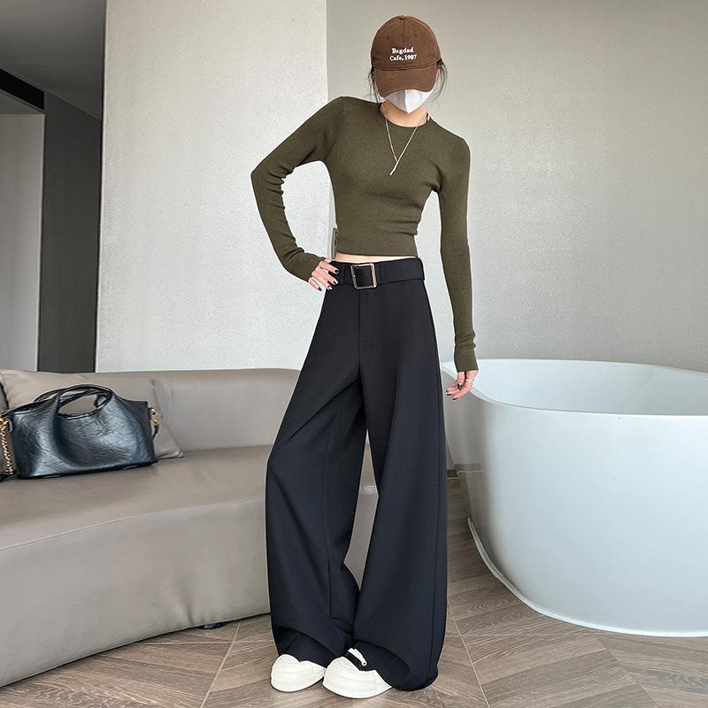 Women's Retro Minimalist Wide-Leg Khaki Suit Pants with Old Money Style Leather Belt