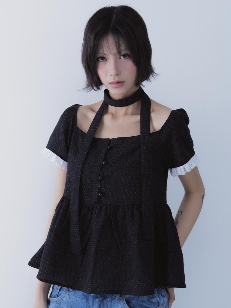 SETSETSET Dot Muffler Flared Blouse