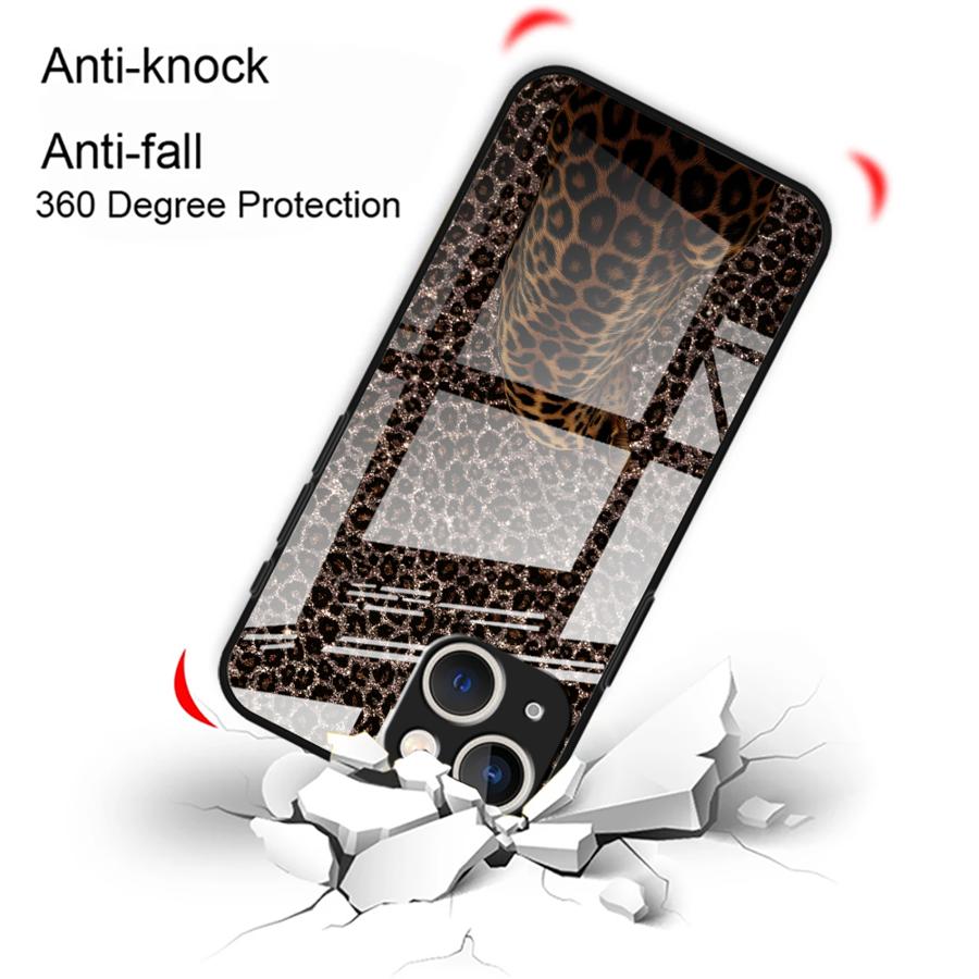 Glass Phone Cover Case for iPhone 17 Pro Max 8 15 Plus 11 Air 14 16 12 XR 13 Leopard Print Leopard