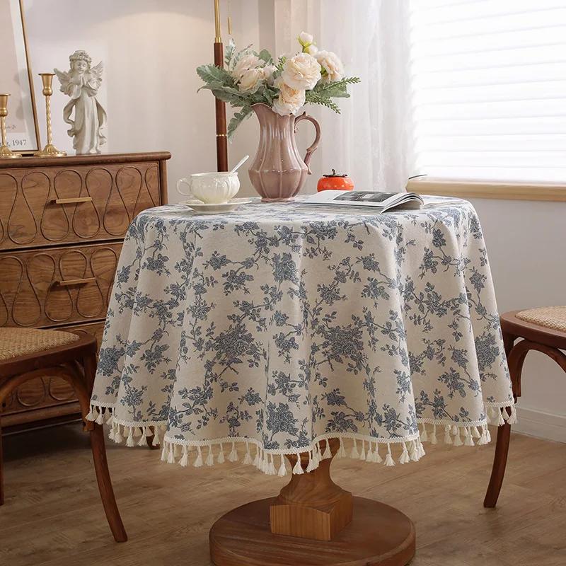 Vintage Round Tablecloth Blue Floral Farmhouse Washable Table Cover for Dining Picnic Indoor Outdoor Kitchen Tabletop Decoration