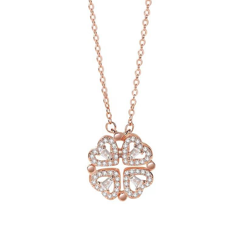 C211 Simple Heart-to-Heart Four-Leaf Clover Necklace for Women Fashion Collarbone Chain Heart Foldable Two-Way Pendant Necklace