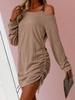 European & American Cross-Border Knitted Slim Fit Ribbed Dress with Ruffle & Drawstring, Long Sleeve, Autumn/Winter Fashion 2025