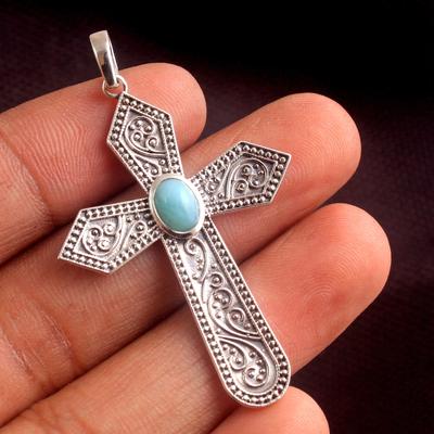 Larimar Moonstone Garnet Blue Topaz Cross Pendant Silver Charm Jewelry Statement Pendant