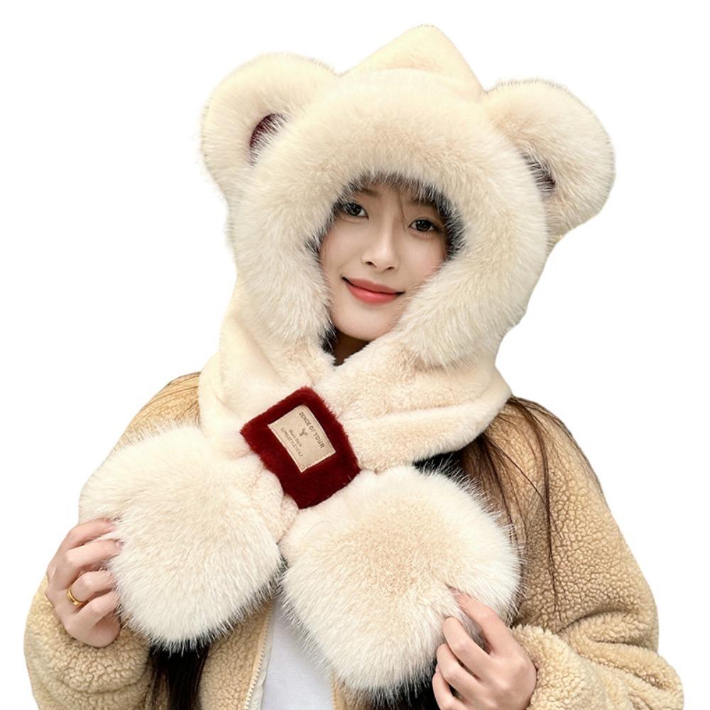 Two-Piece Set Fox Ear Plush Hat Scarf Thickened Neck Warmer Cute Ear Protection Hooded  Winter