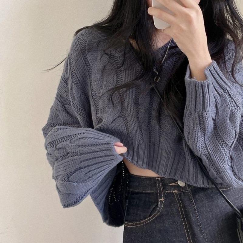 Chic Retro Cable V Neck Pullover Long Sleeve Sweater Women Autumn Winter Loose Crop Lazy Style Knit Top