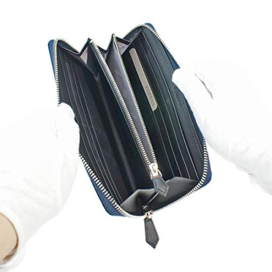 Inden Leather Long Round Navy Blue with Black Varied Ichimatsu Small [Inden-ya] Wallet, Wallet, Zipper, Deerskin, Lacquer, Pattern, 2111-04-167