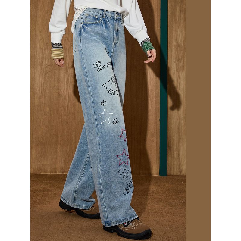 Coolhut High-Waisted Straight-Leg Jeans Retro Style Women's Slimming Wide-Leg Washed Graffiti
