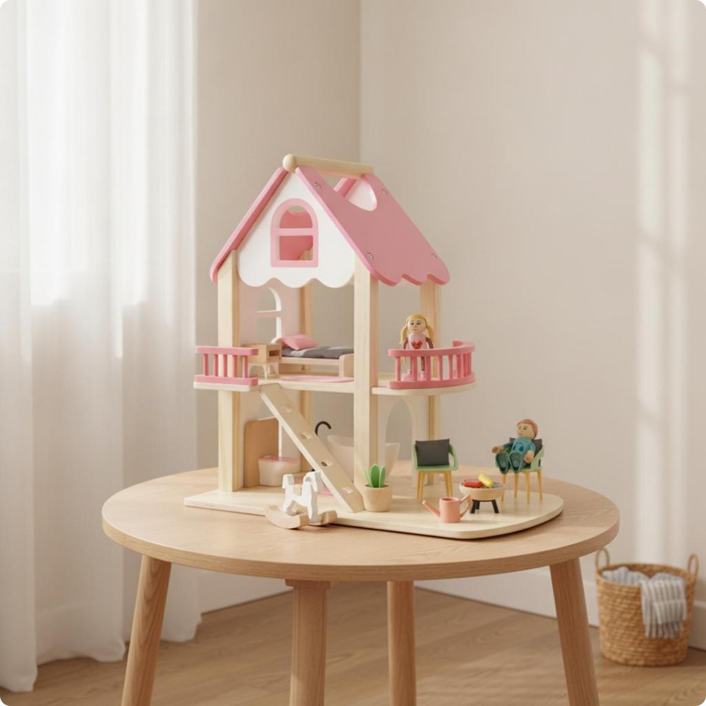 Pink Wooden Dollhouse | Multi-Level Open Layout, with Stairs, Toy, for