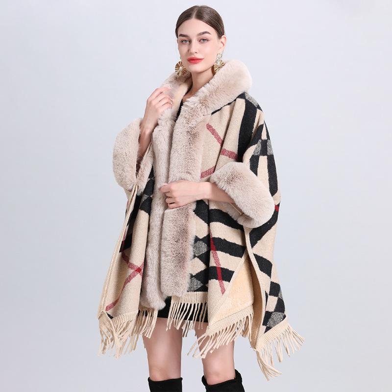 869# Women's Plaid Fleece-Lined Knitted Shawl Cape with Thick Fur Collar