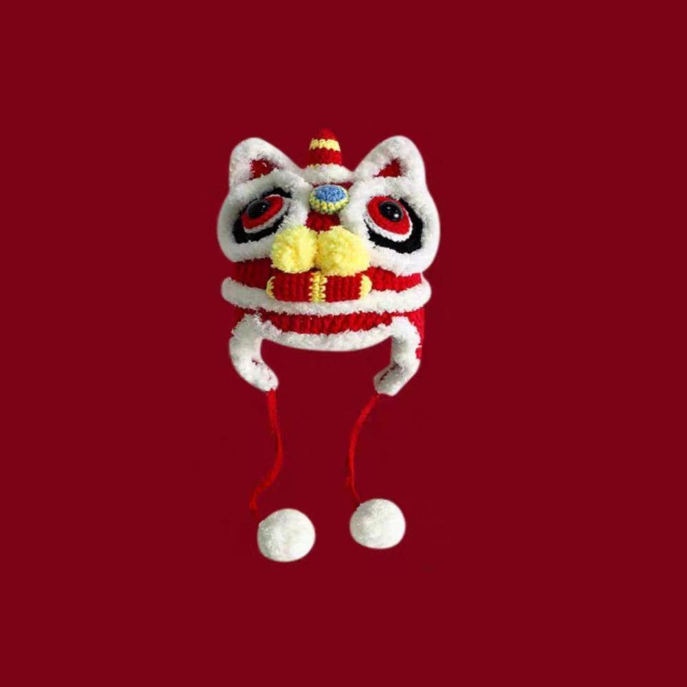 

Chinese Style Tiger Knitted Hat Parent-Unisex Traditional Lion Dance Ear Protection Hat Windproof Soft Pullover Hat Kids Style червоний
