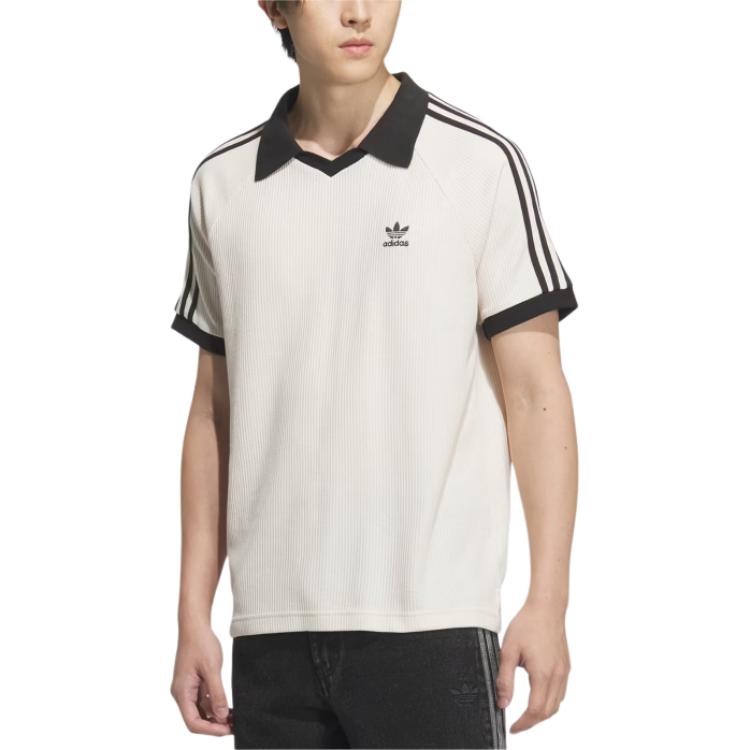 Adidas Originals Waffle Short Fashion Soft Comfortable Striped Versatile Polo Shirt Unisex Tops White JV9265