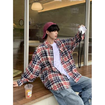 2024 Plaid Langarm Hemd Japanischen Hong Kong Stil Ins Lose Hemd Jungen Sommer Trendy Vielseitig Casual Mantel