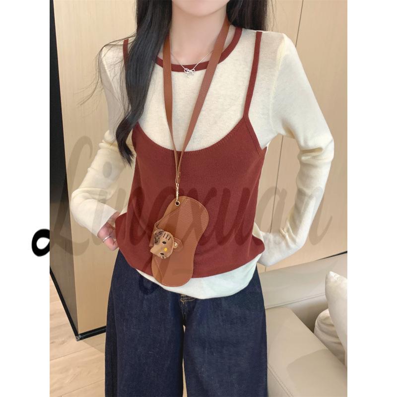 

Spring Korean Style Color-Blocking Round Neck Wool Knit Sweater for Women - Long Sleeve, Two-Piece Design One Size червоний