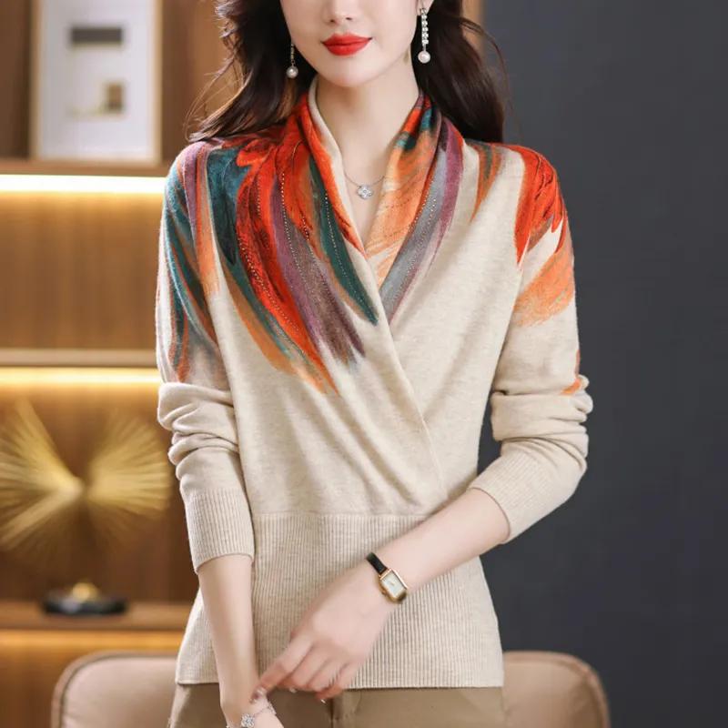 Women Clothing Long Sleeve Pullover Knitwears V Neck Print Sweater Tops Autumn Korean Fashion  Women's Sweaters