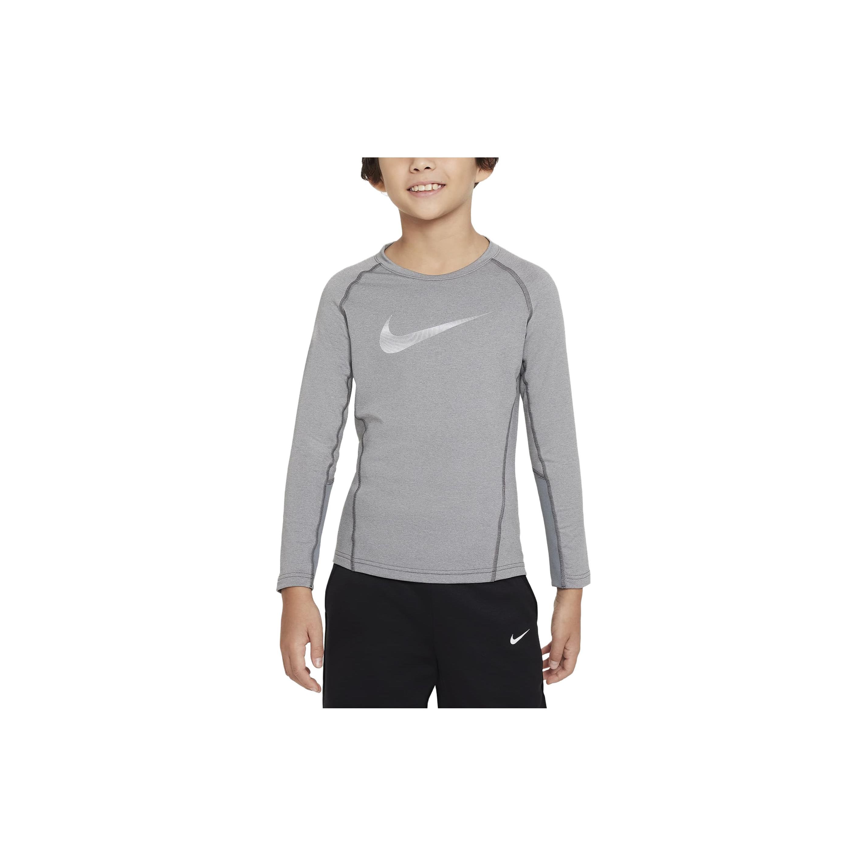 Nike Pro Warm Logo Print Round Neck Casual Long Sleeve T-Shirt Kids Tops Smoke-Gray DV3244-091 M
