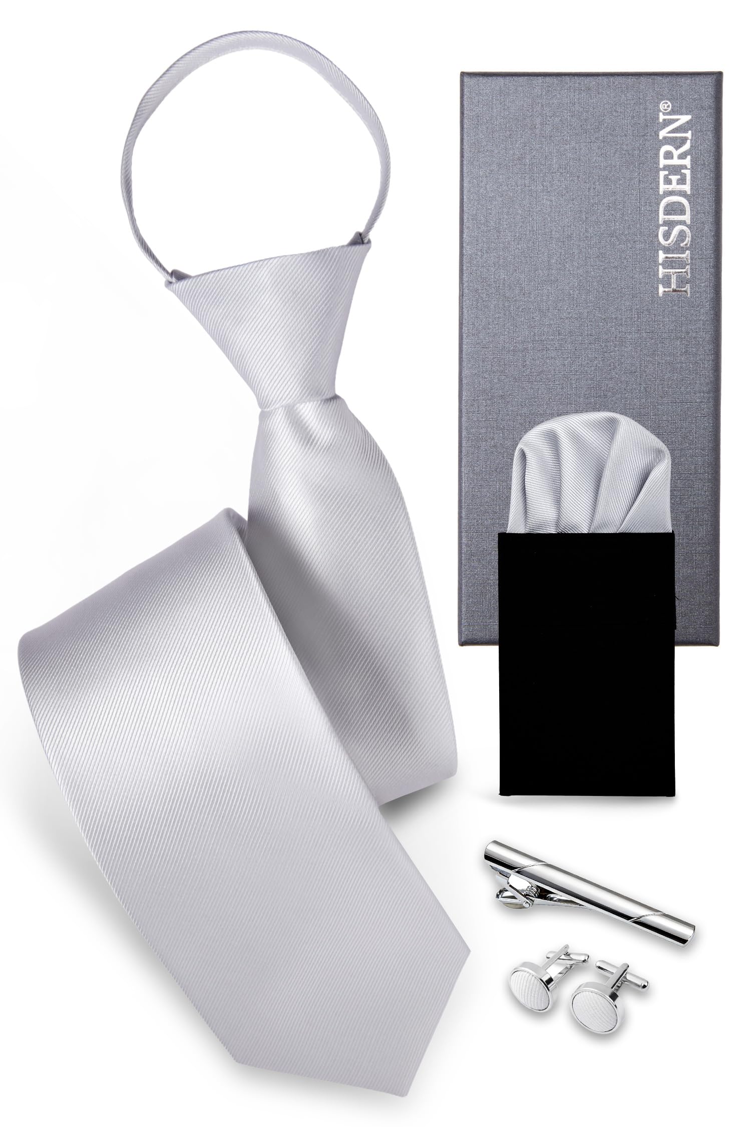 

[HISDERN] One-touch wedding silver tie for men, wedding tie, brand name pocket square, 4-piece set, silk, stylish, popular.