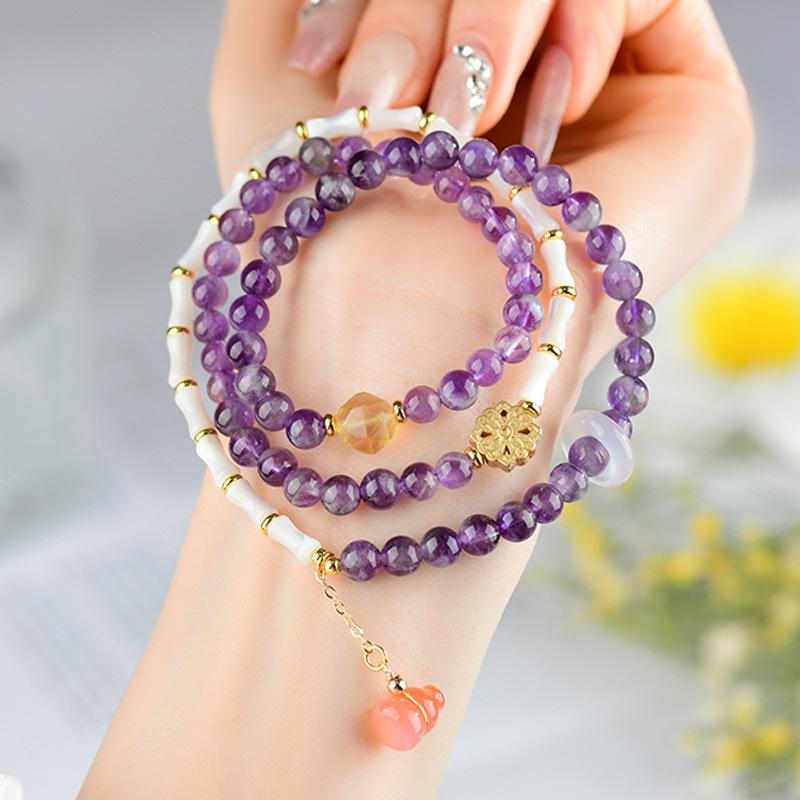 

Natural Amethyst Bamboo Seashell Multi-Circle Bracelet - Women s Light Luxury Jewelry