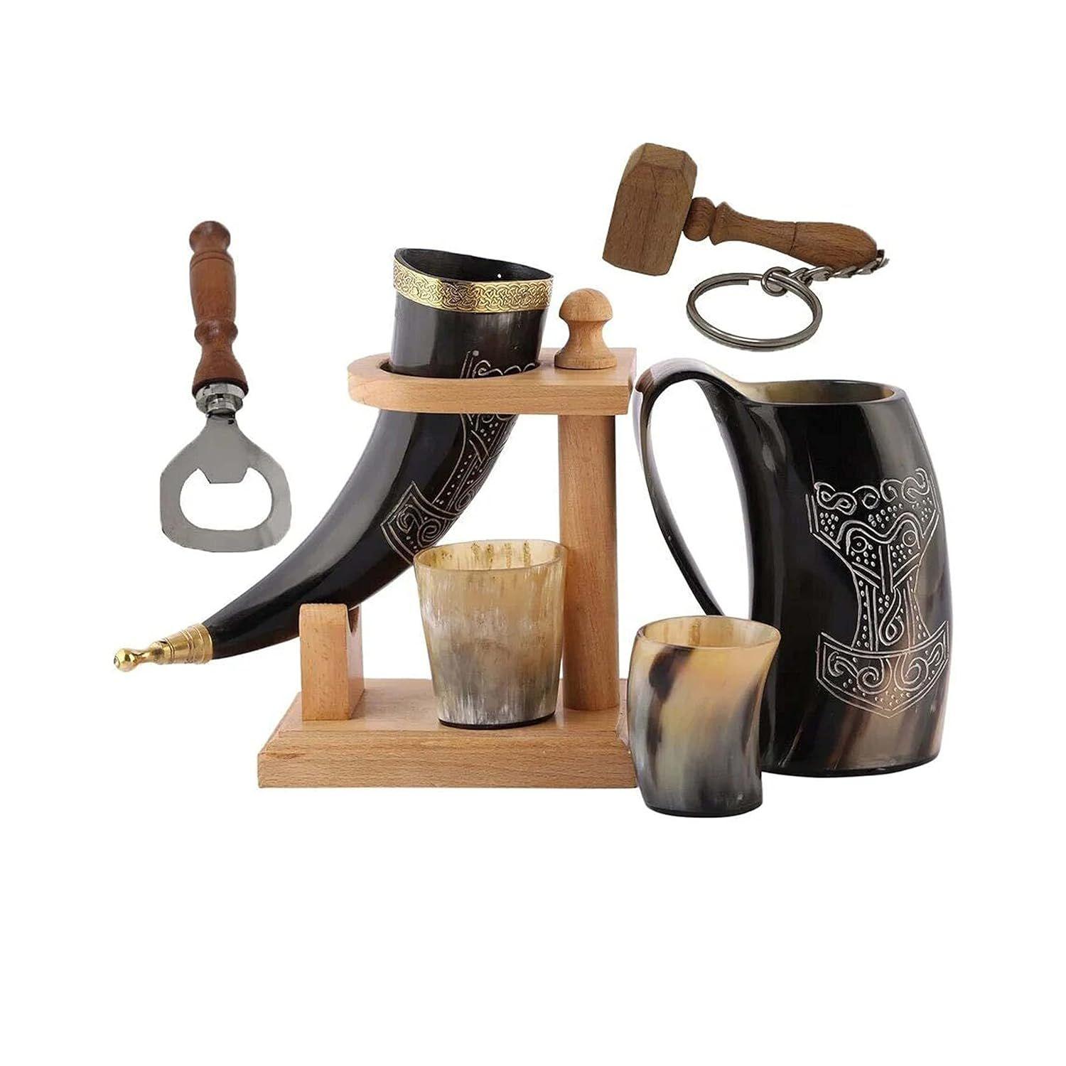 

Viking Drinking OX Horn | Tankard | Mug | Cup for Ale, Beer, Mead, Wine, Shot Glass, Bottle Opener |100% Leak Free | Natural and Handmade
