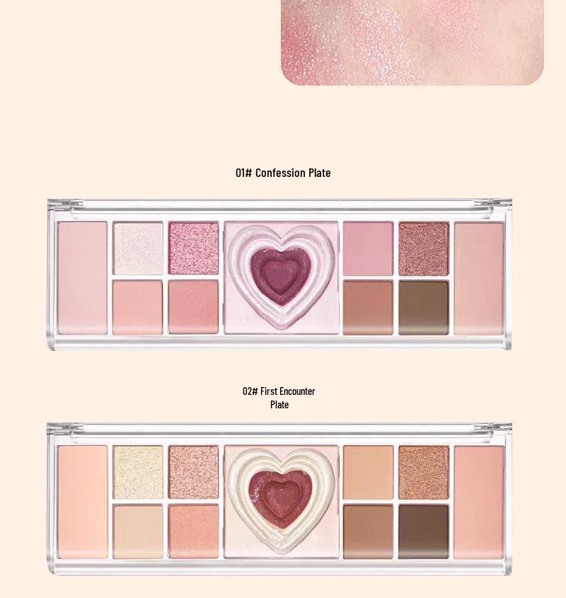 Heartbeat Twelve-Color Heart-Shaped Eyeshadow Palette: Pearlescent, Fine Glitter, Matte, Blush, Highlighter for Enhanced Complexion.