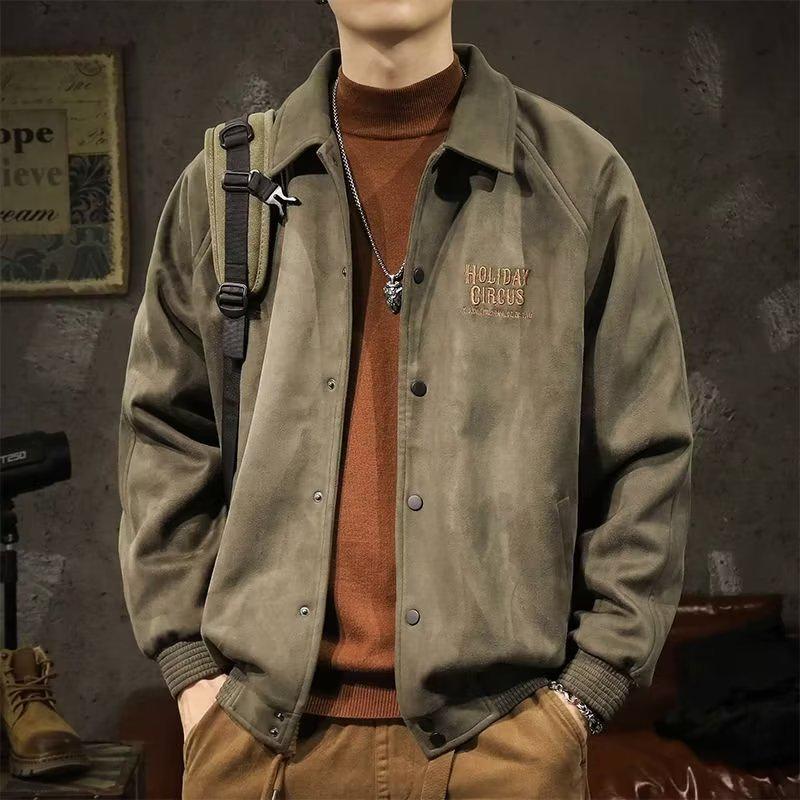 Men's Suede Plush Lapel Baseball Jacket - Retro American Casual Plus Size Outerwear for Spring and Autumn
