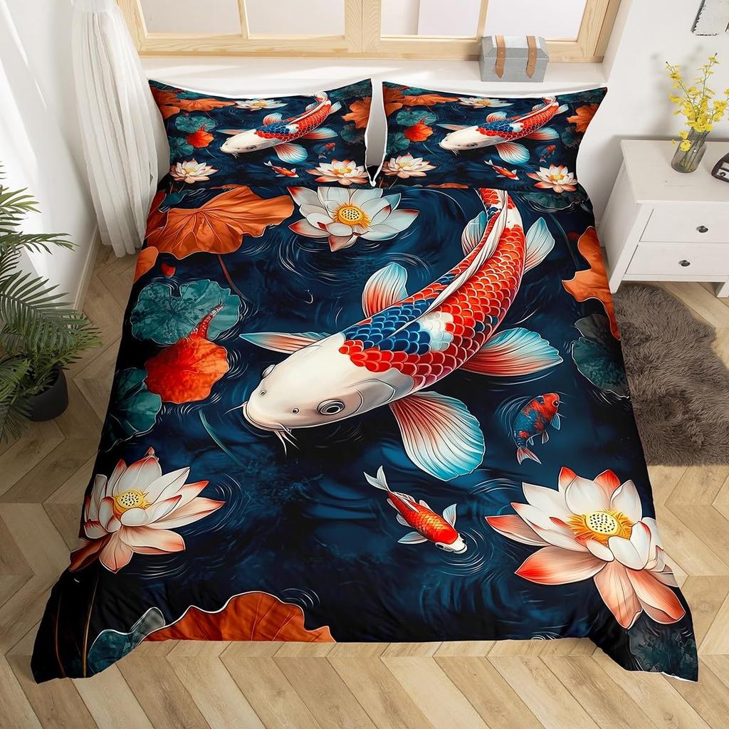 Comforter Koi Fish Full Queen Japanese Cherry Blossom Tree Bedding Set Marine Sealife Comforter For Kids Teen Room Decor