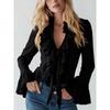 Spring and Autumn New Elegant Women's Ruffled Solid Color V-neck Puff Sleeve Blouse