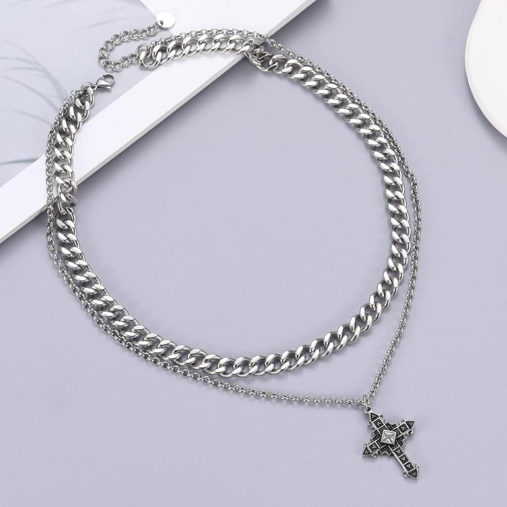 Naszyjnik Podwójny Łańcuch Popularny Kihei Szerokość Łańcucha Krzyż Naszyjnik Krzyż Wisiorek Stal Nierdzewna Hip Hop Raper Akcesoria Prezent Alergia na Metal