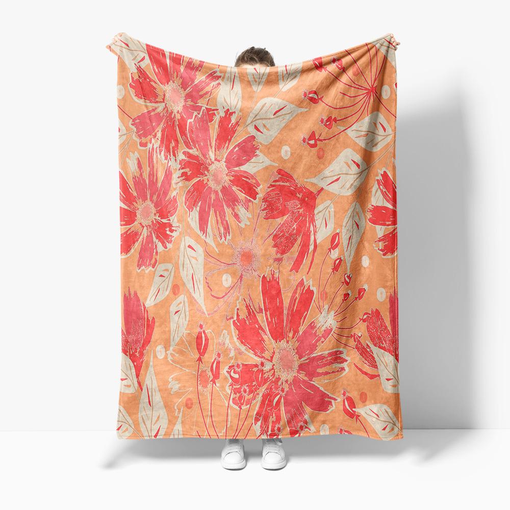 Soft Fleece Blanket Floral Print Throw Blanket Bed Blanket for Sofa Couch Decoration Gift  Orange Pink Floral Pattern 75x100cm