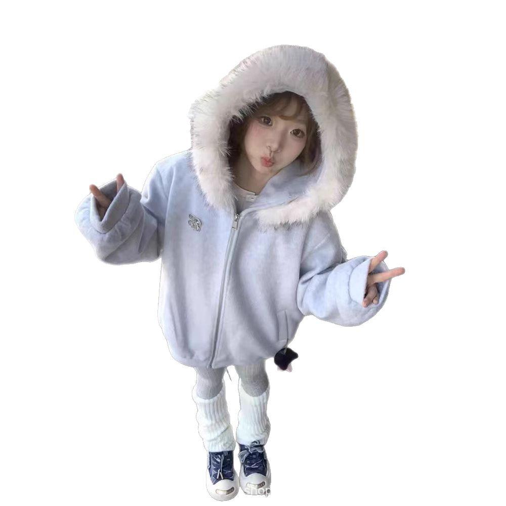 Women's 2025 American Retro Fur Collar Hooded Cardigan - Korean Lazy Style for Spring, Autumn & Winter.