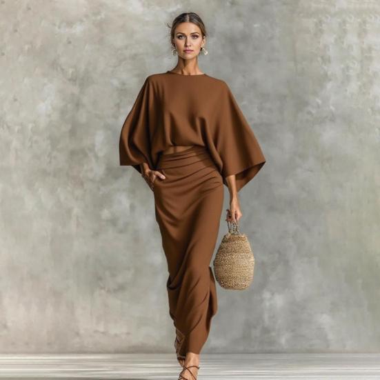 Summer 2 Piece Skirt Sets for Women Batwing Long Sleeve Top