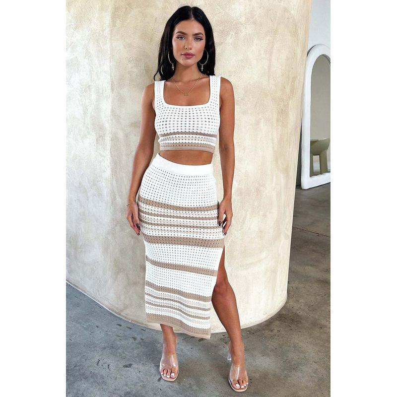 2024 Export European and American Women's Clothing Summer New Sleeveless Vest Sexy Slit Stripes Skirt Knitting Suit