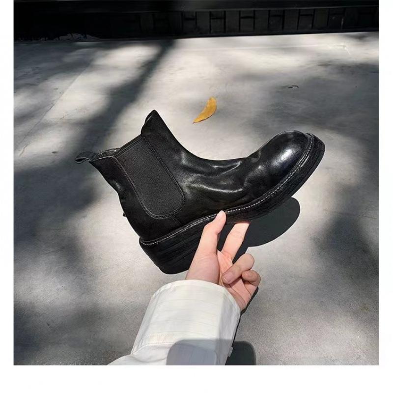 Gewaschenes Pferdeleder~ Leder Plissierte Chelsea Boots Kurze Stiefel Damen Vintage Elastisch Rauch Flacher Boden Martin Stiefel