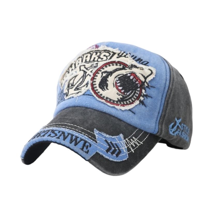 Water Scrubbing Jeans Baseball Cap With Embroidered Shark Design Adjustable Hat Circumference For Men And Women