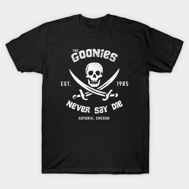 

Men Black Print T-shirt The Goonies Never Say Die - Est. 1985 - Astoria, Oregon No-Cut Transfer Paper Print Cotton Tshirt S чорний