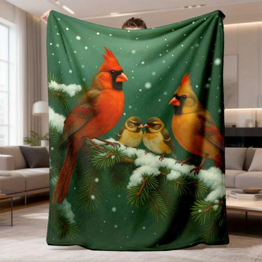 Ultrasoft Flannel Blanket With Red Cardinals & Winter Snow Scene | All-Season Cozy Bedspread, Multipurpose Use, Digital Print, Bohemian Style, Polyest