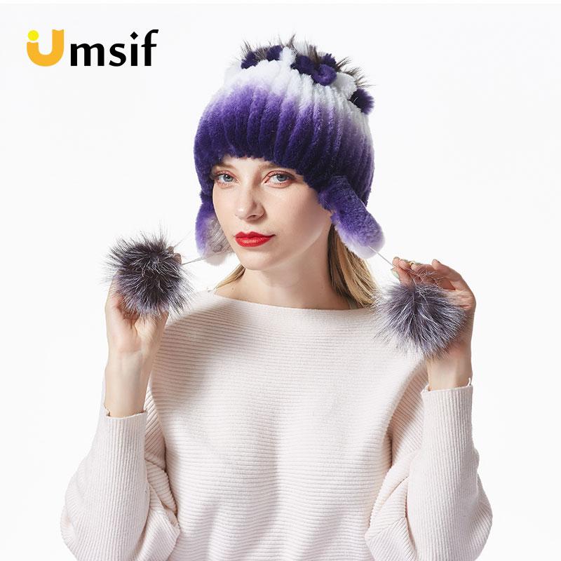 2019 Winter Bomber Hats for Women Rex Rabbit Fur Beanies Hat With Pompoms Women's Warm Knitted Hat Skullies Beanies Female Caps