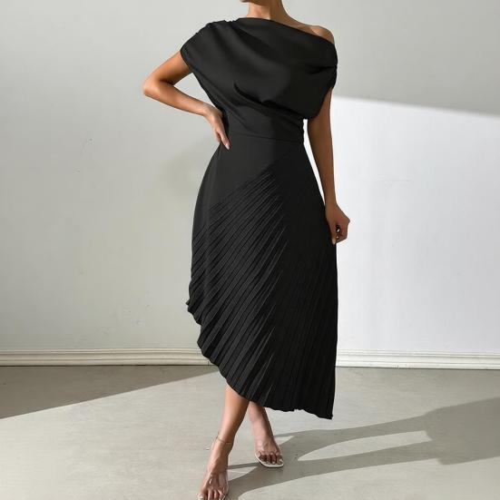 Vestido de Noche Formal Plisado para Mujer Vestido Plisado de un Solo Hombro Línea A Manga Corta Fruncido Vestido de Fiesta Cóctel