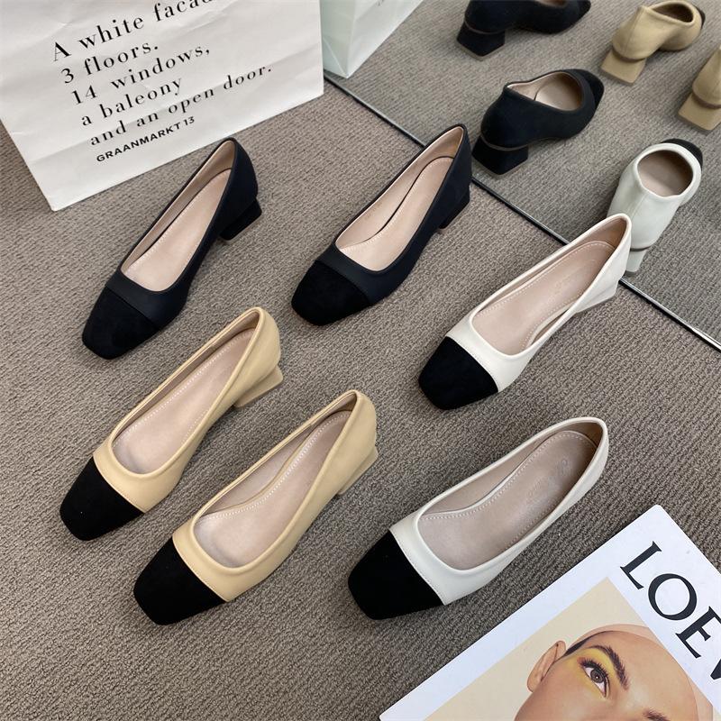 2025 Spring New Color Matching Fashion Design Square Head Thick Heel Single Shoes Women's Versatile Medium and High Heel Commuter Work Shoes