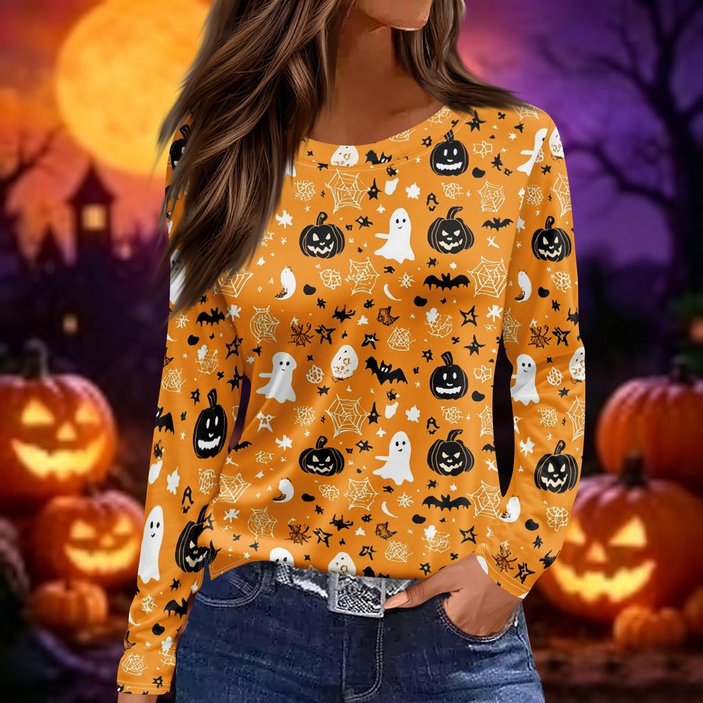 Women's Long Sleeve Halloween Print Top Split Hem Round Neck Casual Pullover Shirt with Festive Graphic Design for Seasonal Wear