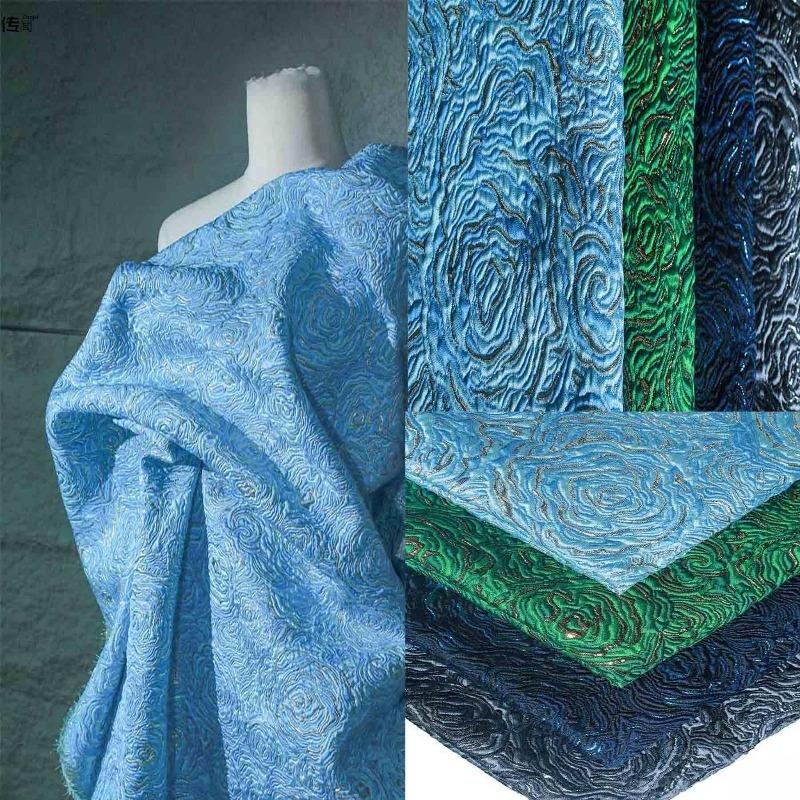 Blue Flowered Gold Thread Jacquard Fabric for Diy Sewing Coat Clothing Designer Art Dress Fabrics Fashion Apparel Cloth