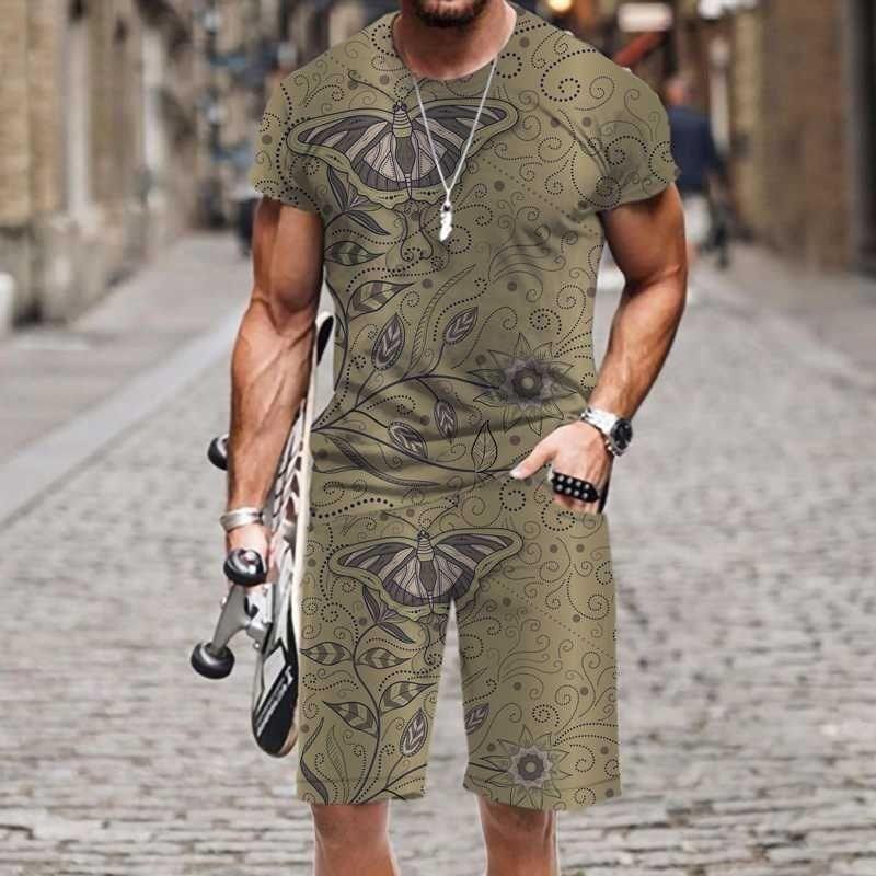 Summer Fashion Casual Men's Suit Vintage Pattern 3D Printed Sportswear Short-sleeved Suit Oversized Round Neck T-shirt Shorts 2-piece