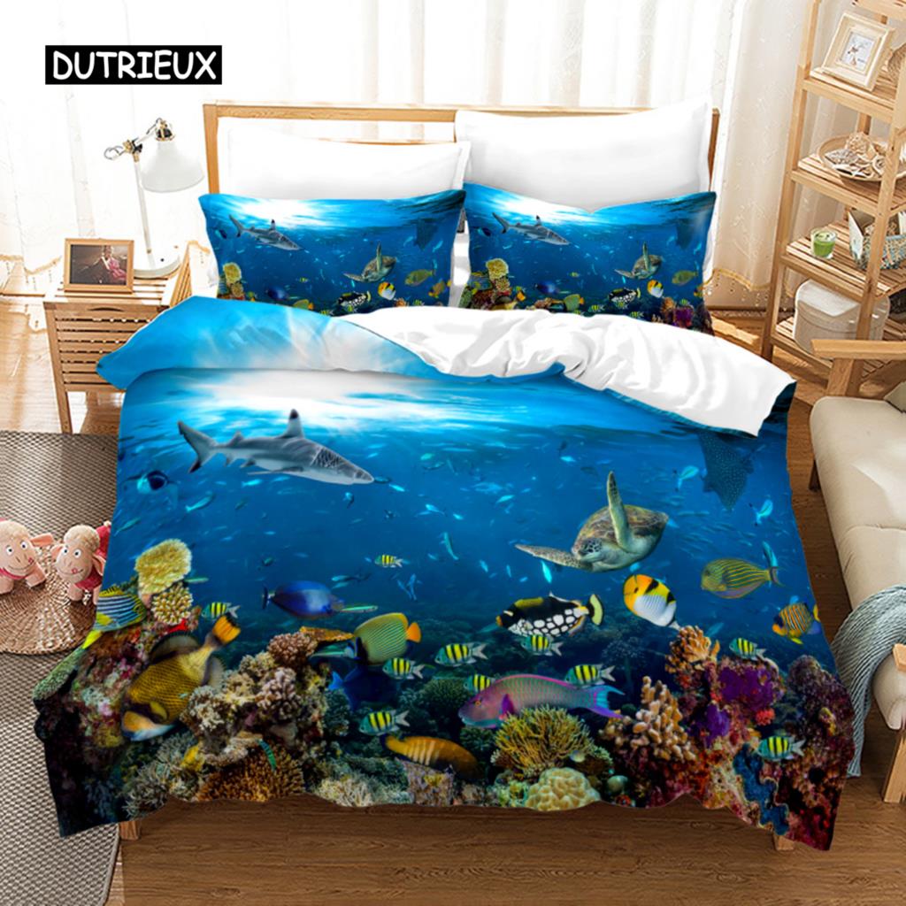Ocean Duvet Cover Set Polyester Underwater World Clownfish Shark Quilt Cover Sea Animal Theme Double Queen King Size Bedding Set