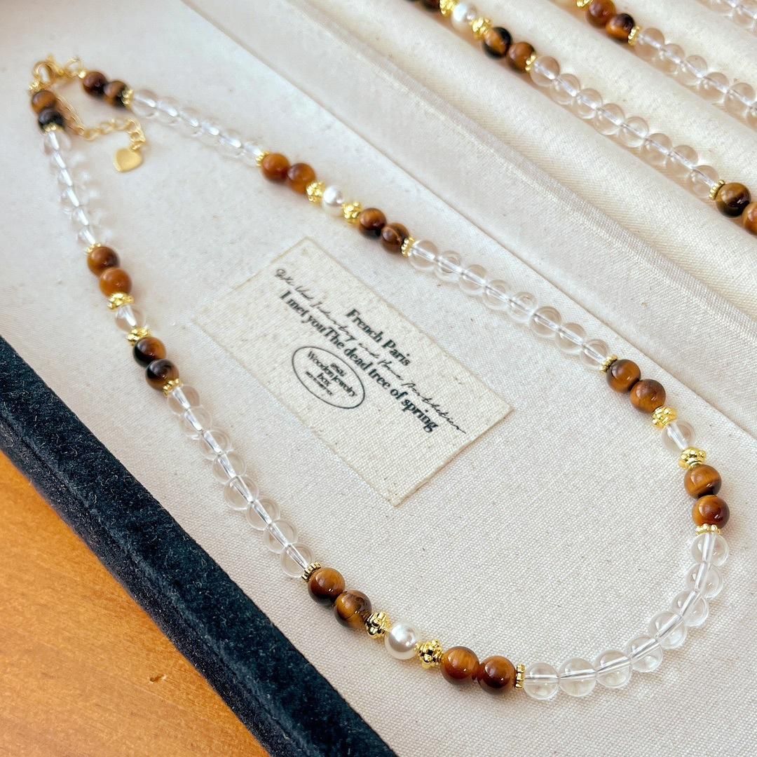 Natural White Crystal Tiger S Eye Design Clavicle Chain Necklace